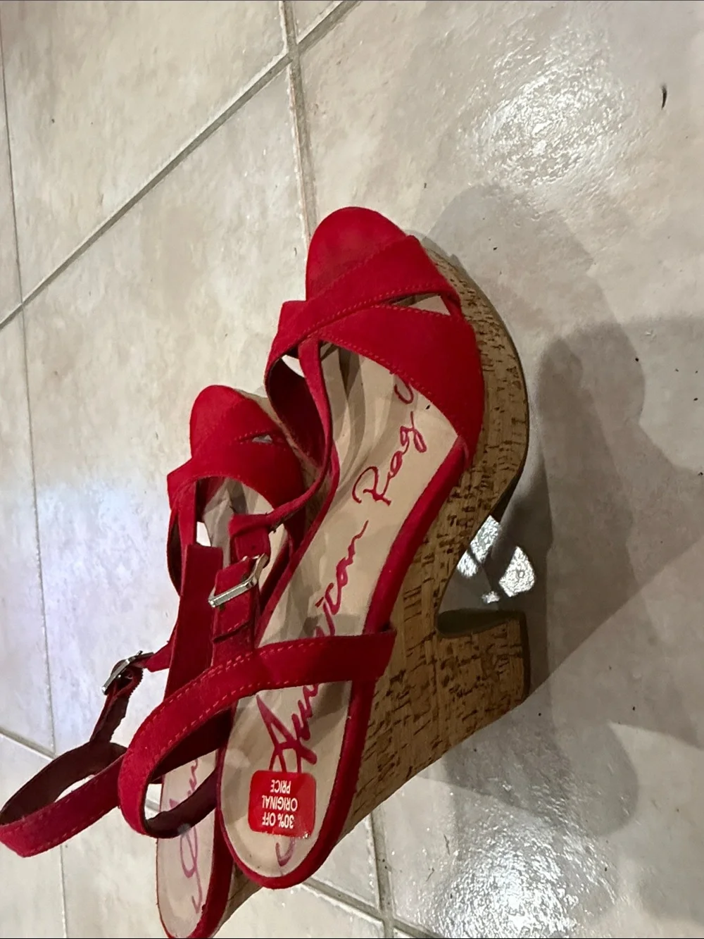American rag Red Suede T-Strap Wedge Sandals size 7.5 @@@